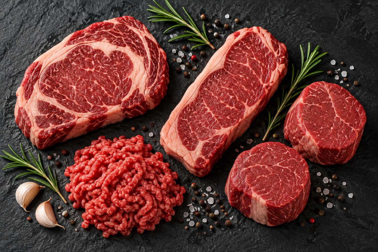 Illustrative beef steaks and mince