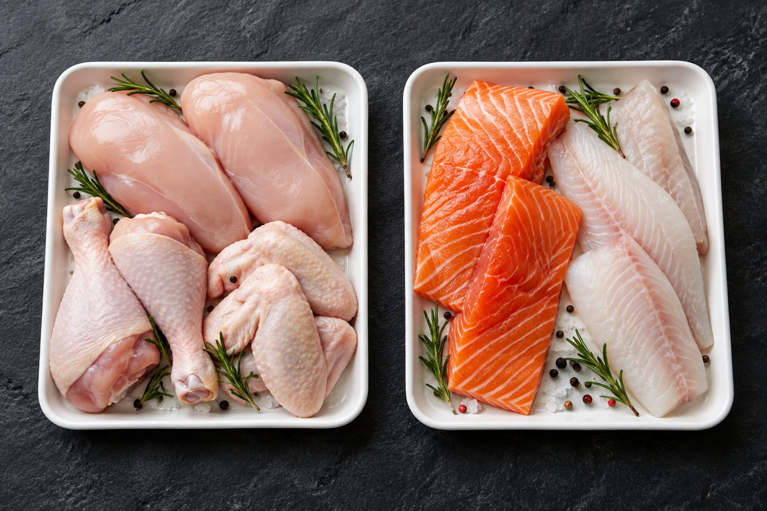 Illustrative chicken portions and fish fillets